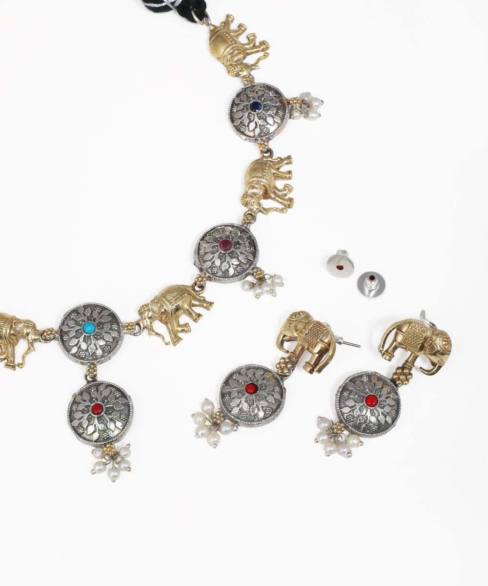 Elephant design oxidised necklace set with matching drop earrings