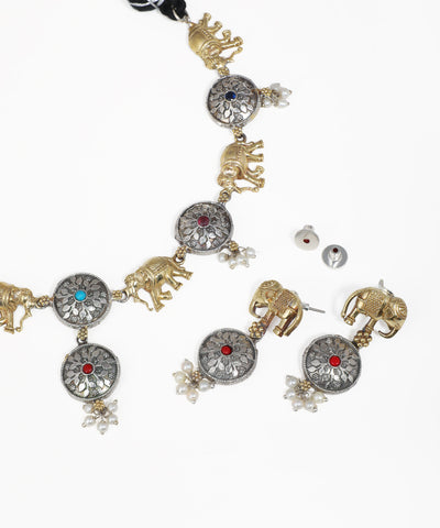 Elephant design oxidised necklace set with matching drop earrings