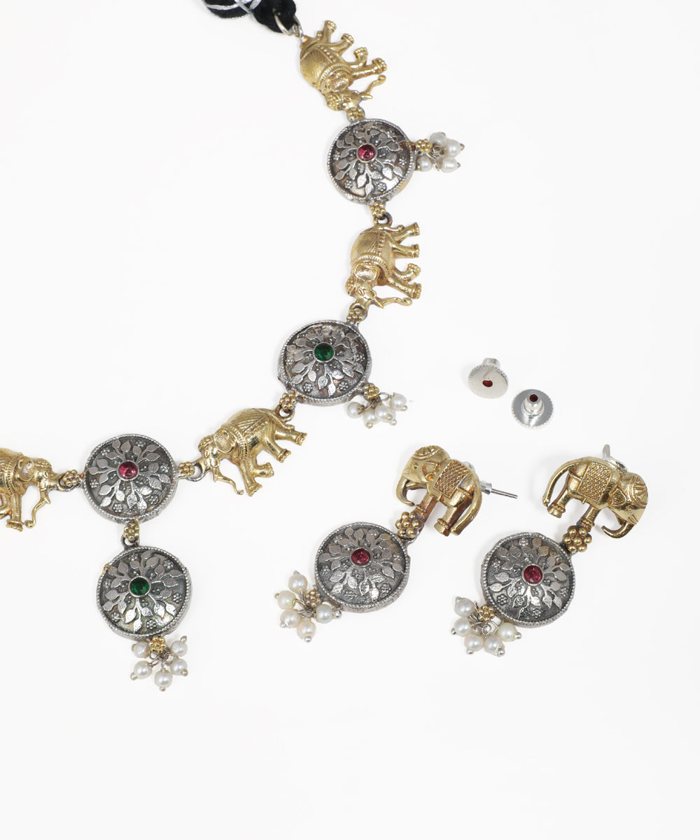 Bohemian oxidised elephant necklace set with decorative medallions and pearl drops