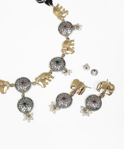 Bohemian oxidised elephant necklace set with decorative medallions and pearl drops