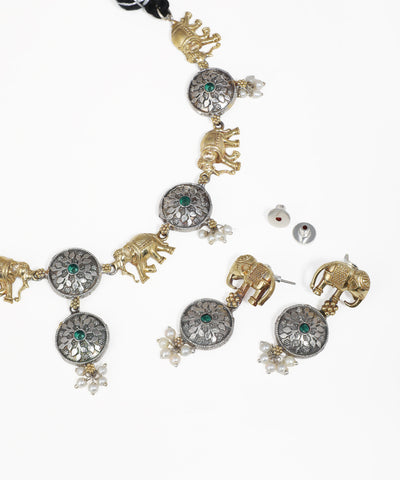 Traditional Indian oxidised necklace set with elephant motifs and gemstone embellishments