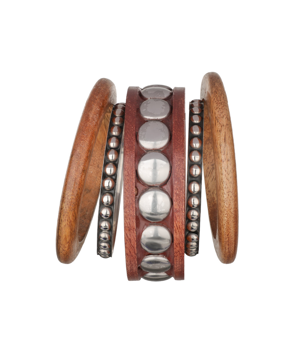 Wooden Kada with Stacked Bangles and smooth beaded texture