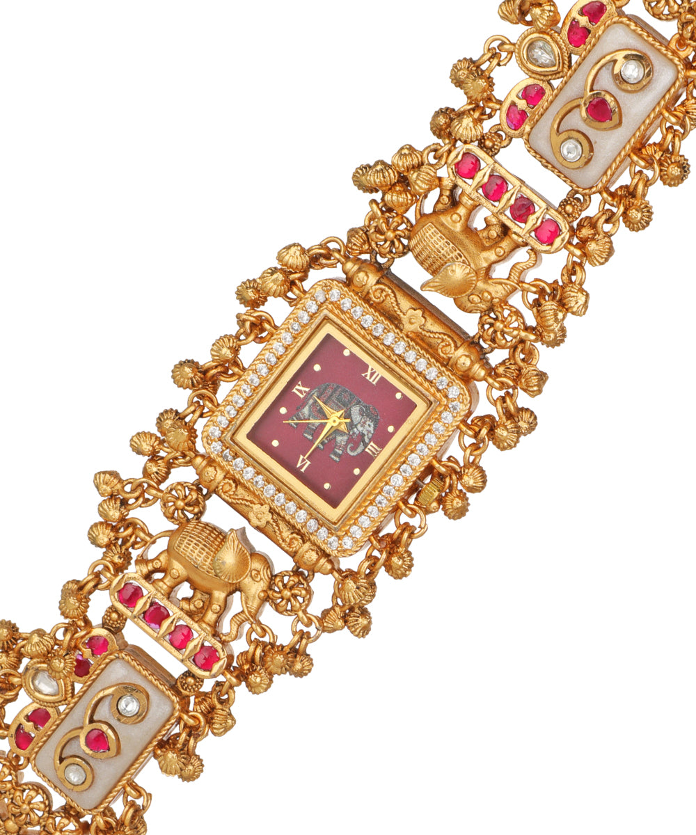 Gajratna Regal Heritage Bracelet Watch (White+Ruby) | Stylika 