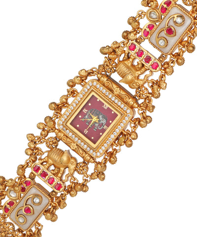 Gajratna Regal Heritage Bracelet Watch (White+Ruby) | Stylika 