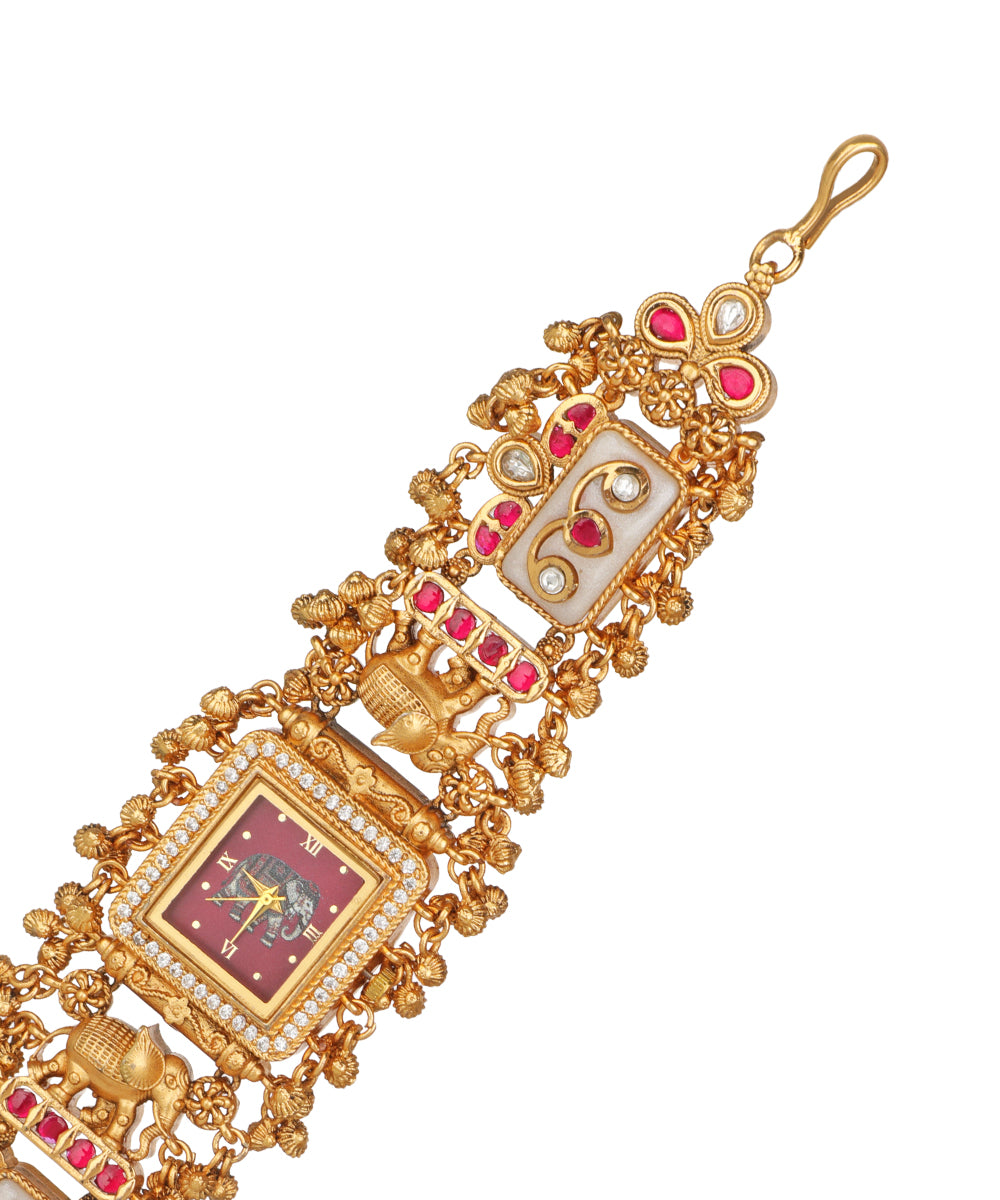 Gajratna Regal Heritage Bracelet Watch (White+Ruby) | Stylika 