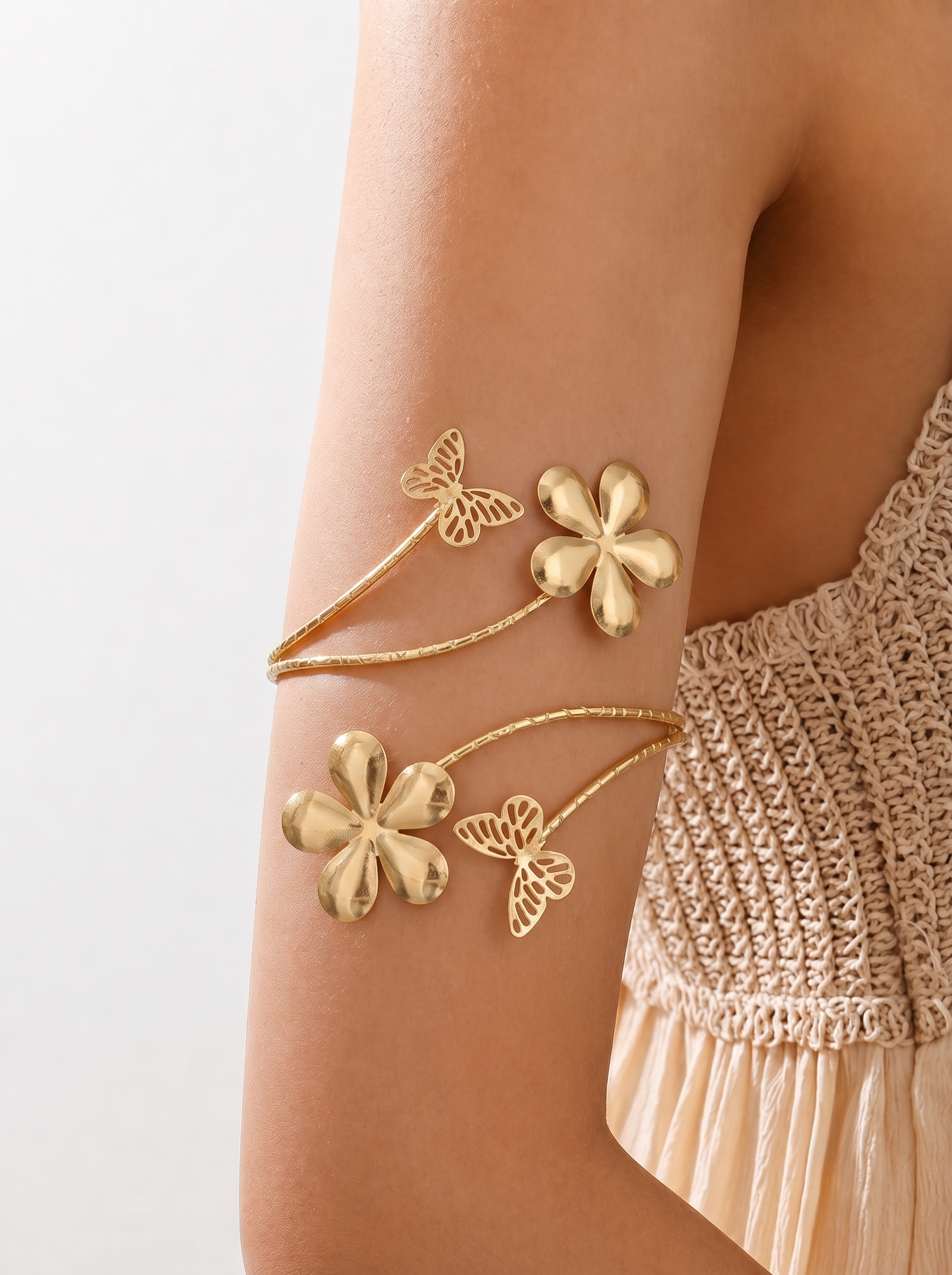 Statement Sculpted Floral & Butterfly Arm Cuff | Stylika