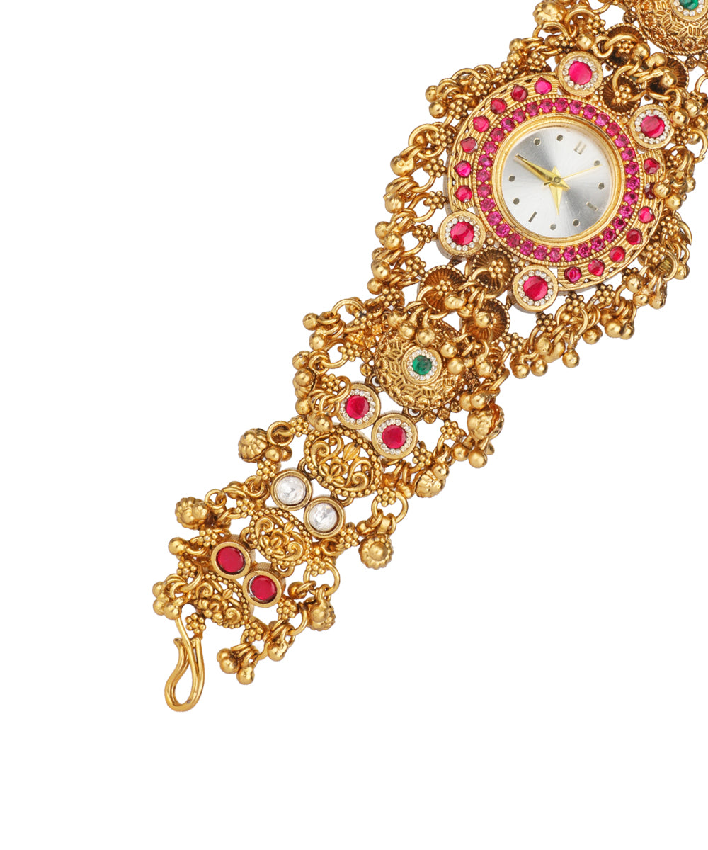 Intricate Motif Heritage Bracelet Watch (Ruby + Green) | Stylika