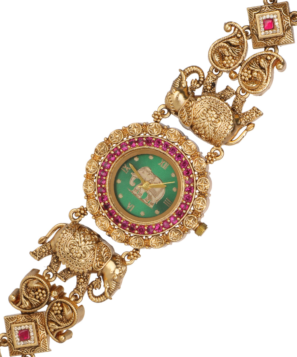 Elephant ratna Heritage Bracelet Watch (Green+Ruby) | Stylika 