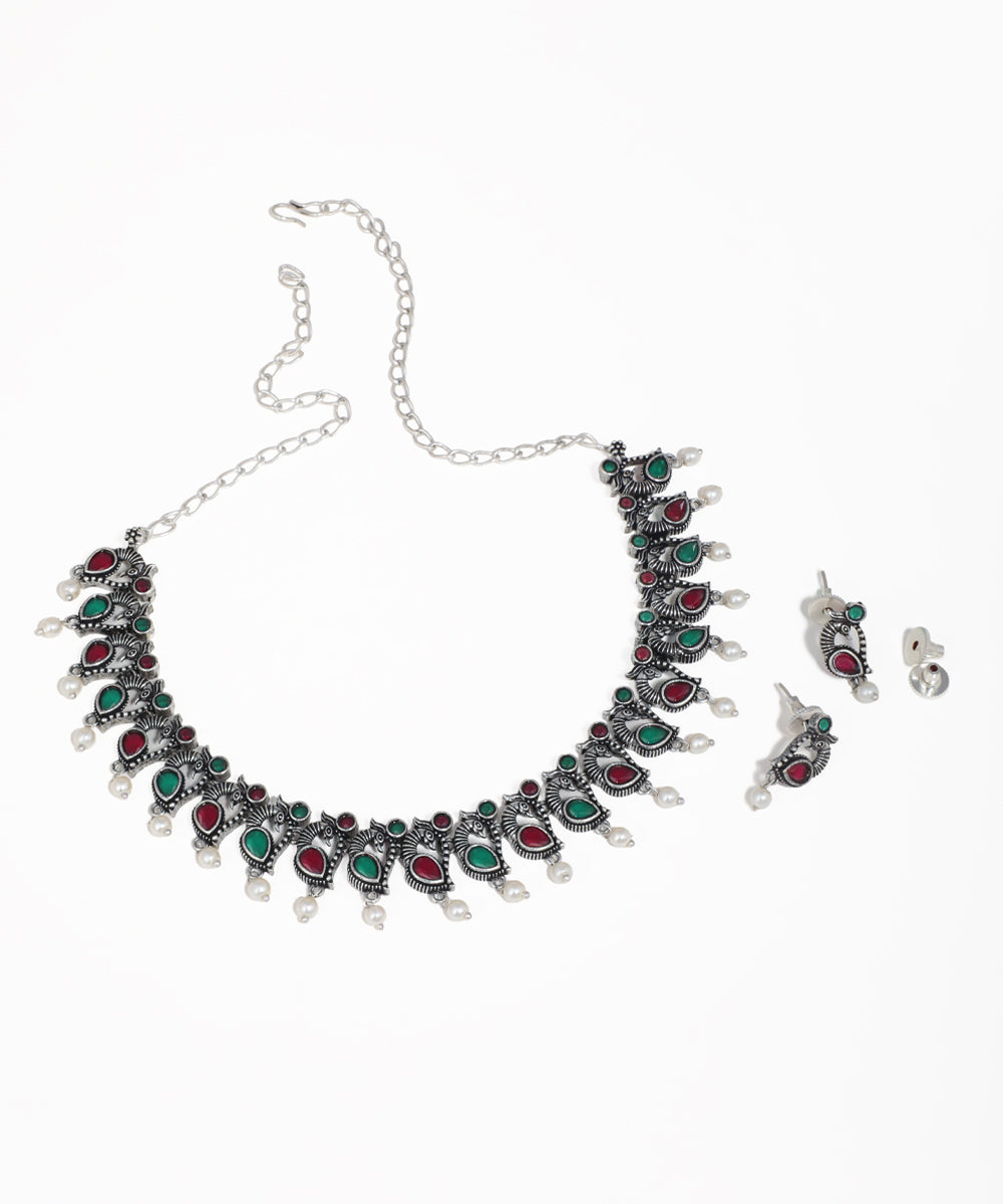 Women's ethnic oxidised necklace set with peacock motifs and pearl embellishments