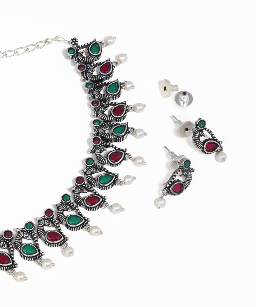 Vintage-inspired peacock oxidised necklace and earrings set with multicolor stones