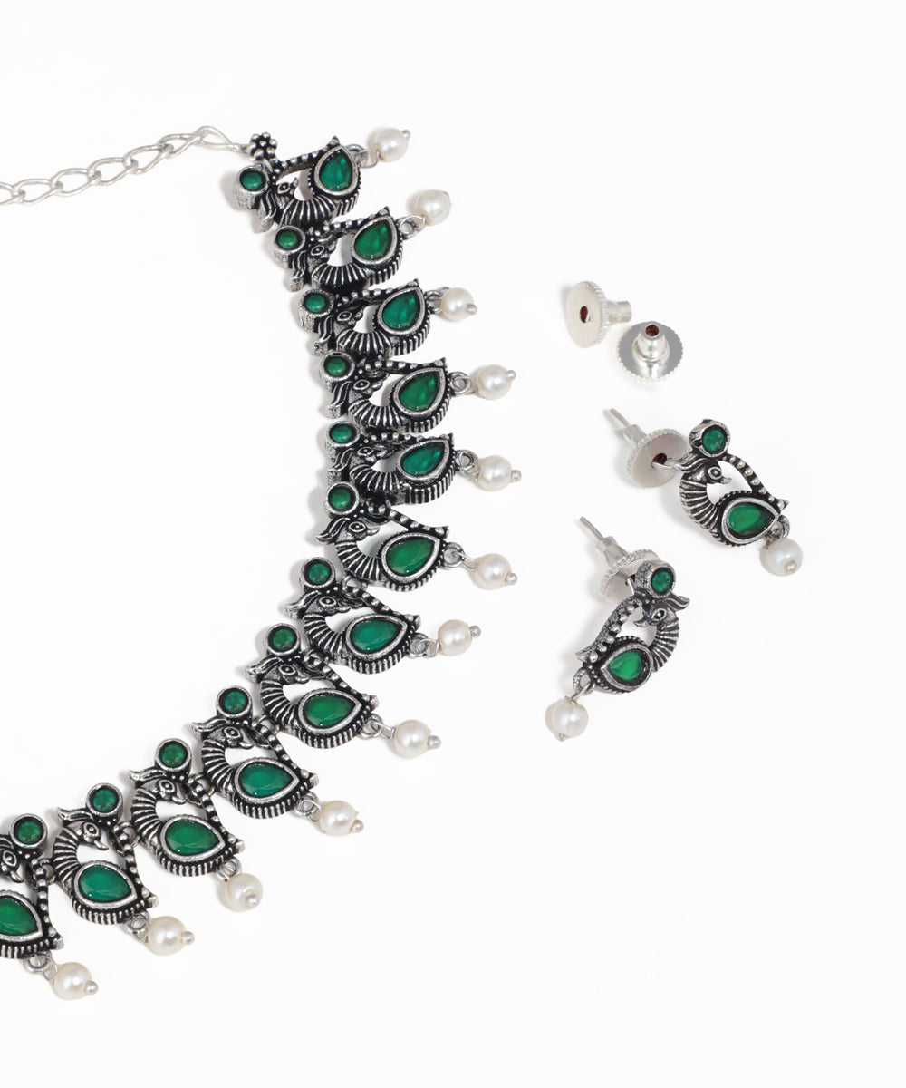 Oxidised peacock jewelry set with pearl drops and gemstone accents