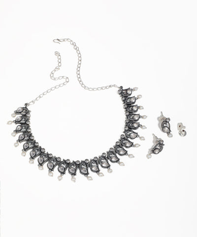 Handcrafted oxidised peacock necklace set with multicolor gemstones and pearls