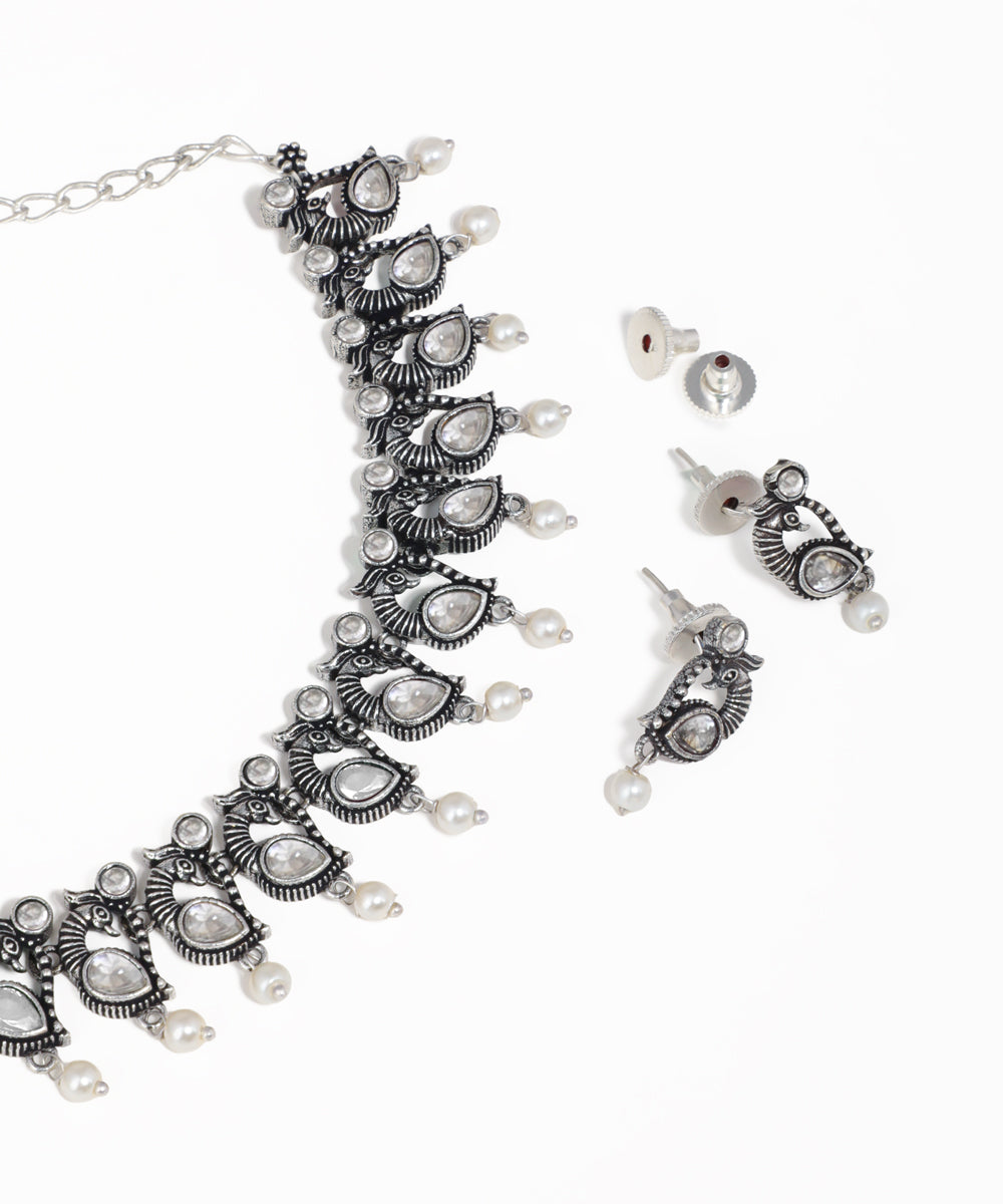 Colorful Stone Peacock Motif Oxidise Necklace Set | Stylika