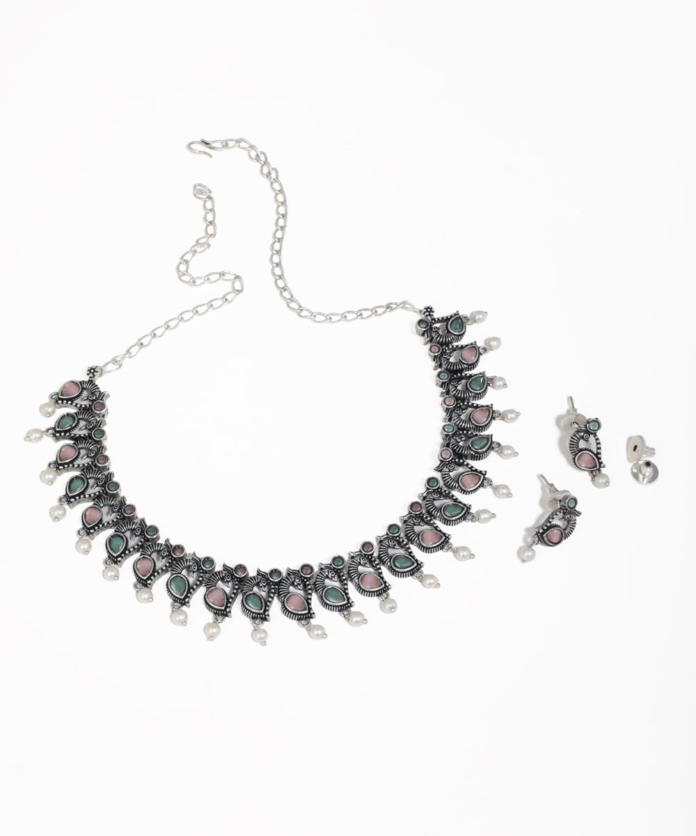 Colorful Stone Peacock Motif Oxidise Necklace Set | Stylika