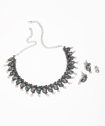 Colorful Stone Peacock Motif Oxidise Necklace Set | Stylika