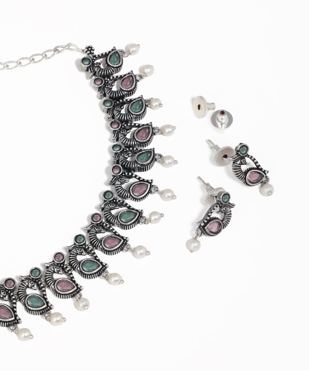 Colorful Stone Peacock Motif Oxidise Necklace Set | Stylika