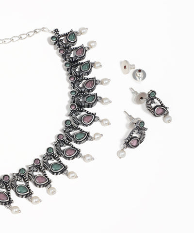 Colorful Stone Peacock Motif Oxidise Necklace Set | Stylika