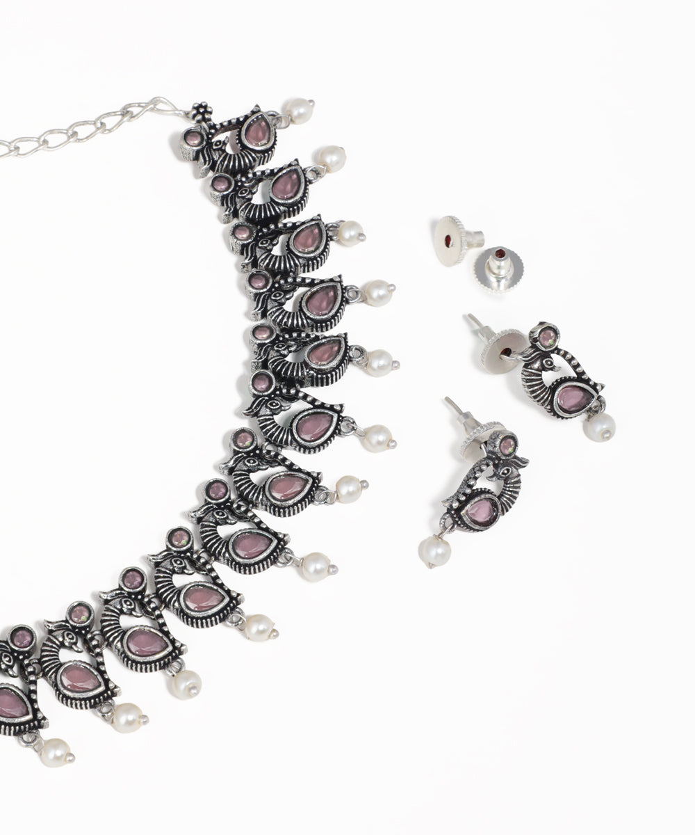 Colorful Stone Peacock Motif Oxidise Necklace Set | Stylika