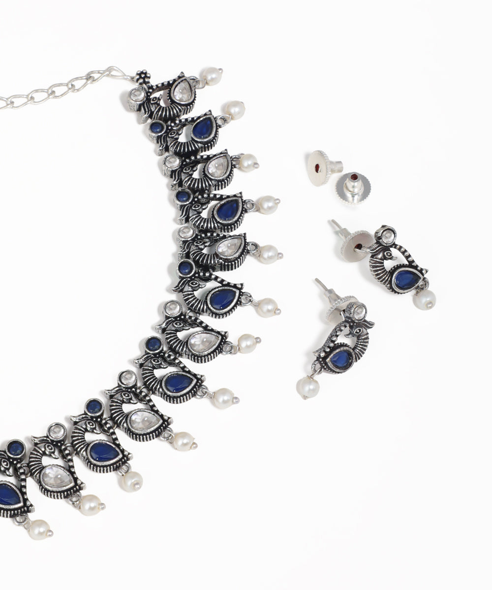 Colorful Stone Peacock Motif Oxidise Necklace Set | Stylika