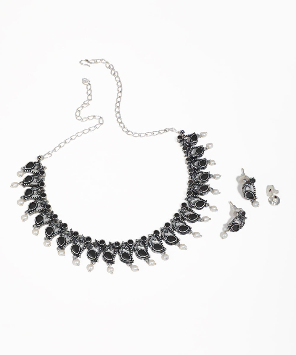 Colorful Stone Peacock Motif Oxidise Necklace Set | Stylika