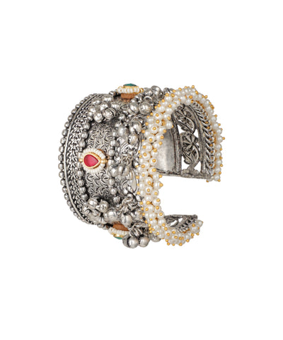 Intricate Oxidised Floral and Pearl Cuff Bracelet | Stylika