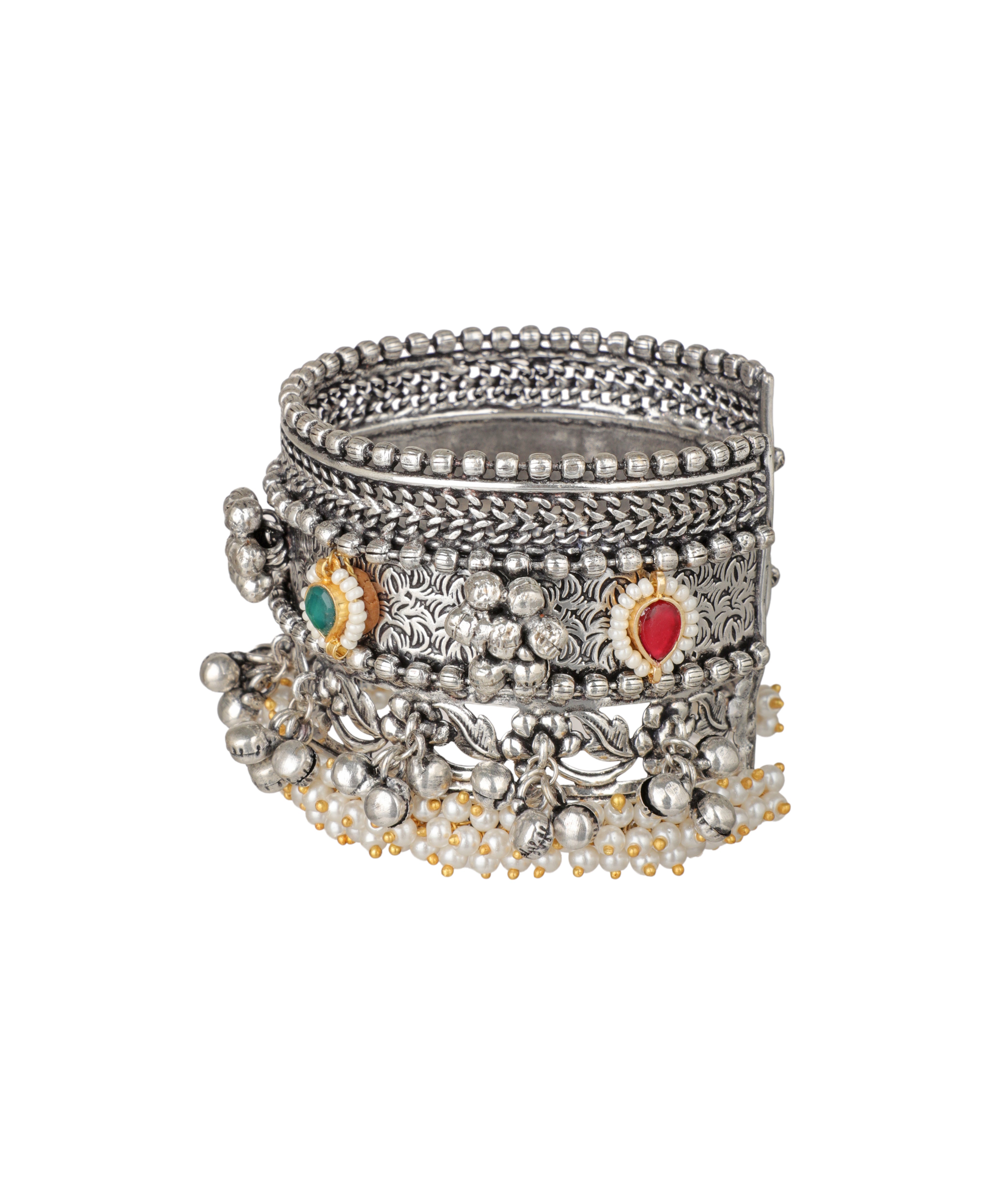 Intricate Oxidised Floral and Pearl Cuff Bracelet | Stylika
