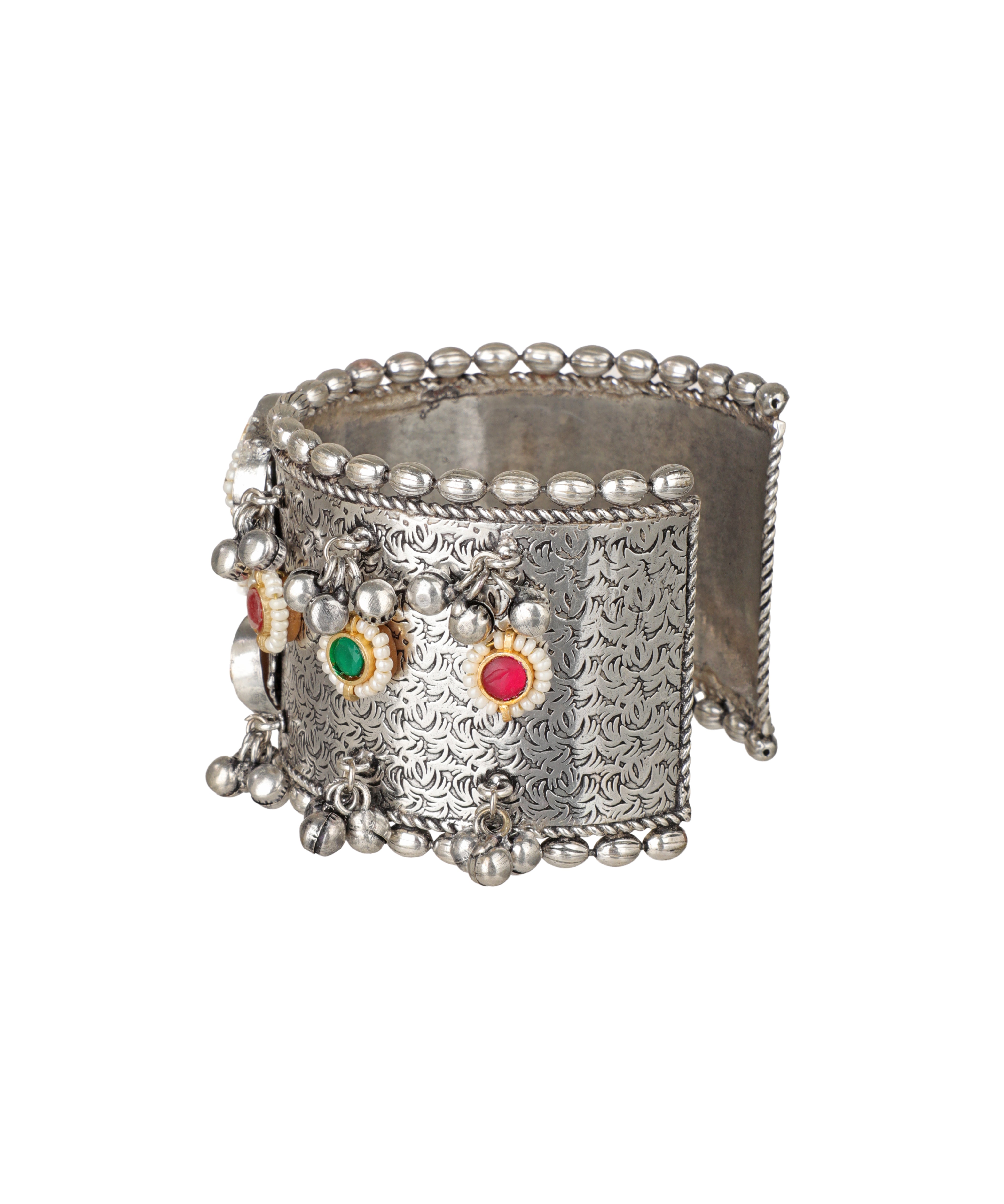 Embellished Oxidised Cuff Bracelet with Dangles | Stylika