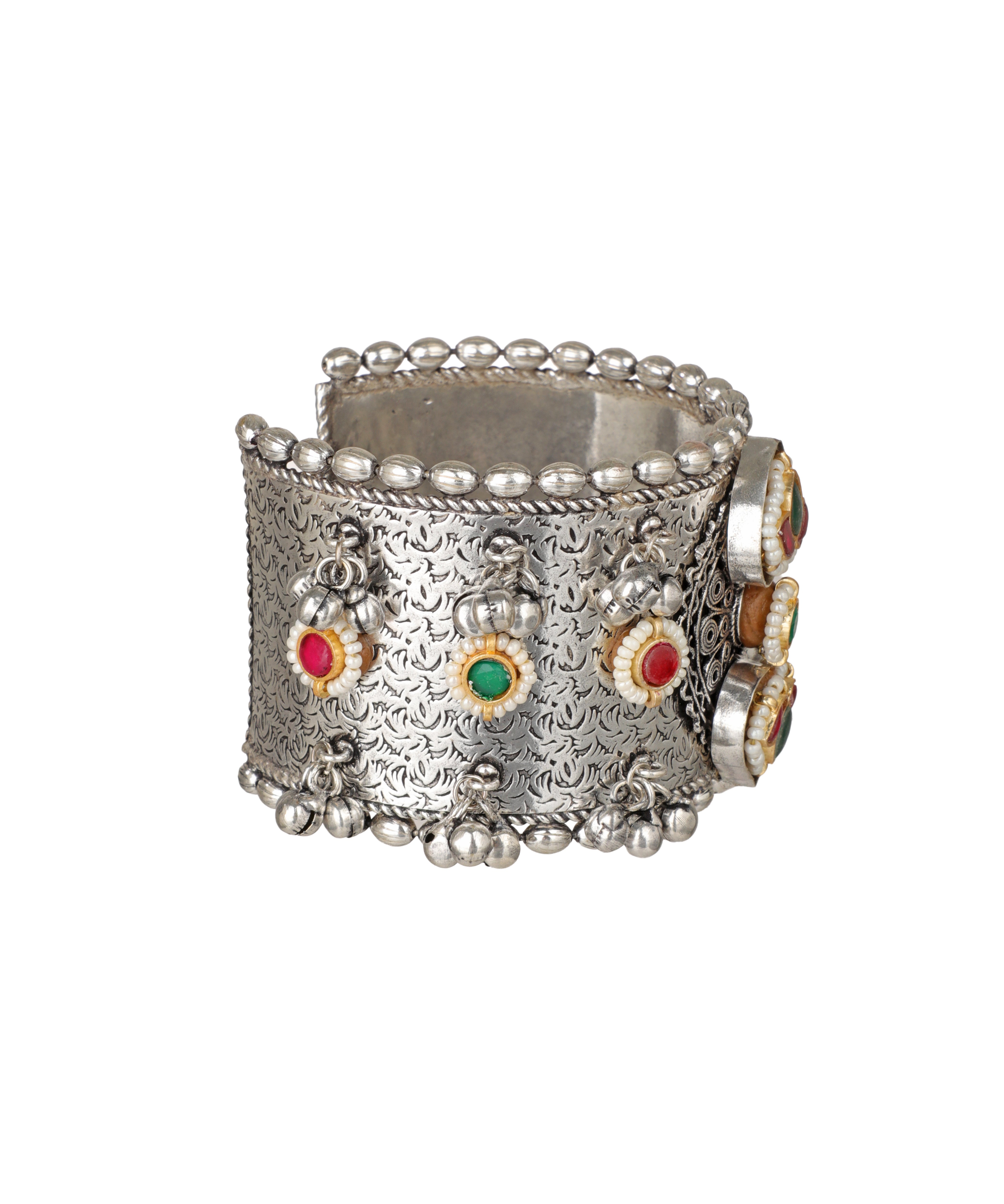 Embellished Oxidised Cuff Bracelet with Dangles | Stylika