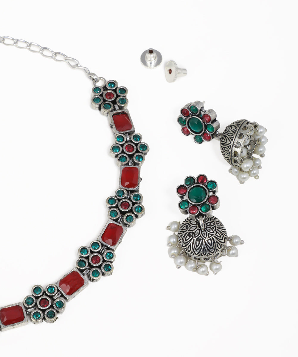 Handcrafted floral oxidised jewelry set with multicolored stone embellishments