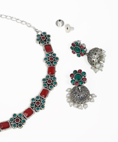 Handcrafted floral oxidised jewelry set with multicolored stone embellishments