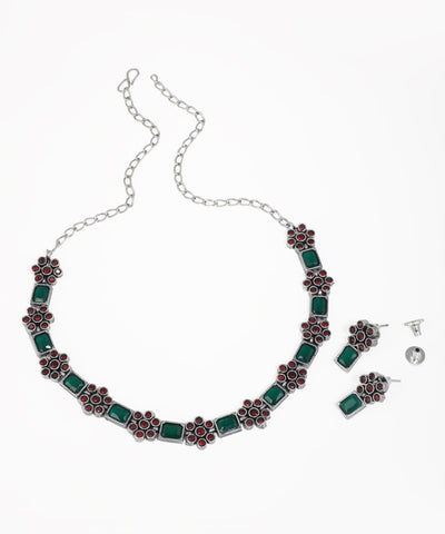 Women's ethnic oxidised necklace set with colorful stones and matching earrings