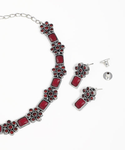 Designer oxidised statement necklace set with colorful gemstone detailing