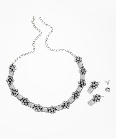 Handcrafted oxidised silver necklace set with red blue and yellow stones