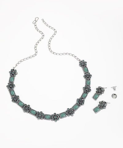 Intricate Floral Stone Oxidise Necklace Set with Earrings | Stylika