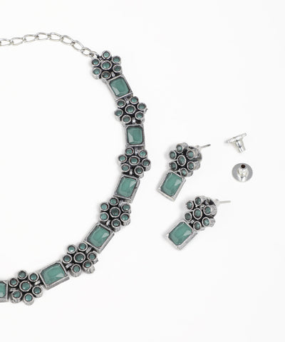 Intricate Floral Stone Oxidise Necklace Set with Earrings | Stylika
