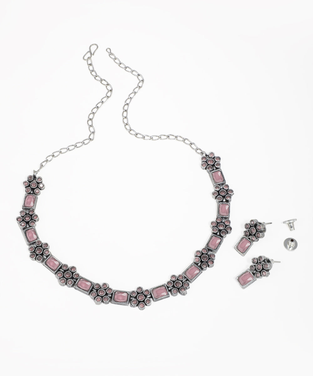 Intricate Floral Stone Oxidise Necklace Set with Earrings | Stylika