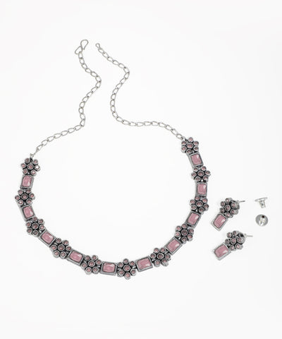 Intricate Floral Stone Oxidise Necklace Set with Earrings | Stylika