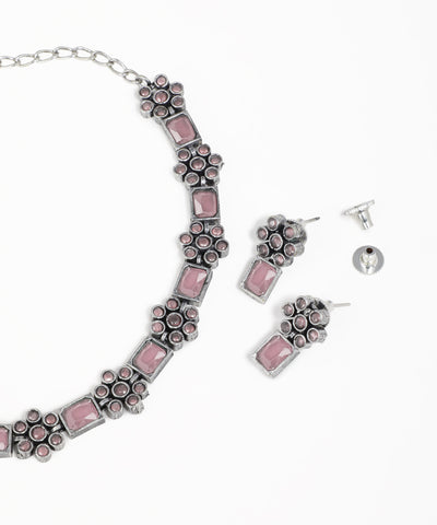 Intricate Floral Stone Oxidise Necklace Set with Earrings | Stylika