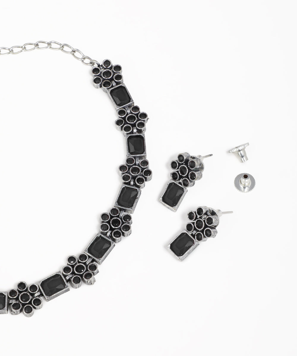 Intricate Floral Stone Oxidise Necklace Set with Earrings | Stylika