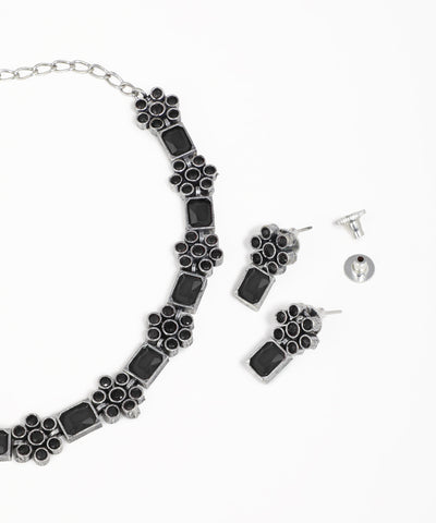 Intricate Floral Stone Oxidise Necklace Set with Earrings | Stylika