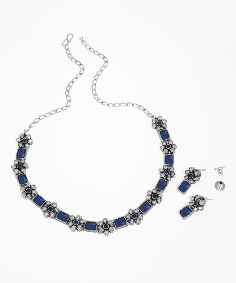 Intricate Floral Stone Oxidise Necklace Set with Earrings | Stylika