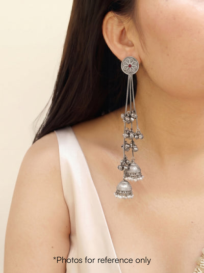 Intricate Floral Chain Kashmiri Jhumka Oxidised Earrings | Stylika