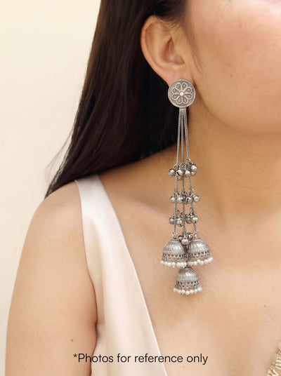 Intricate Floral Chain Kashmiri Jhumka Oxidised Earrings | Stylika