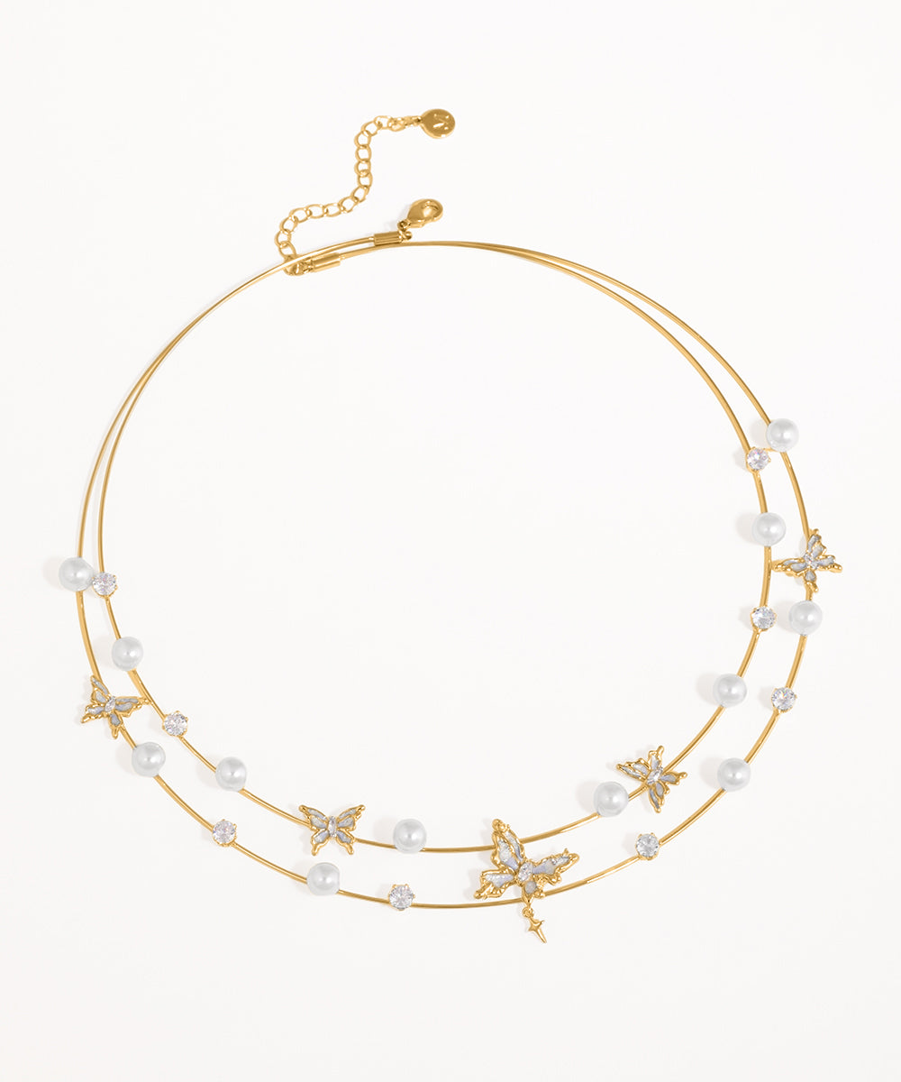 Butterfly & Pearl Double Strand Necklace | Stylika