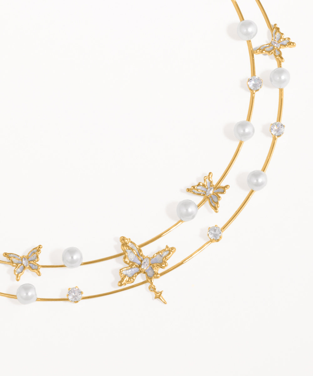 Butterfly & Pearl Double Strand Necklace | Stylika