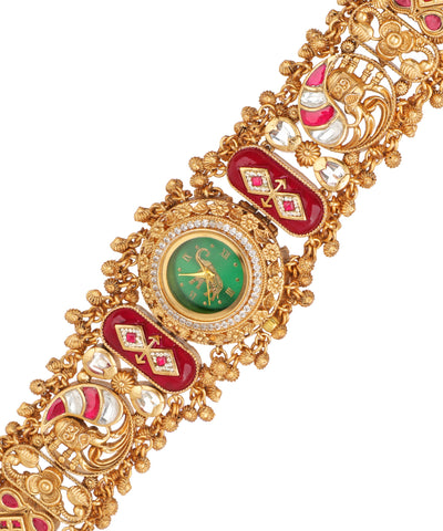 Ornate heritage bracelet watch with a wide band structure