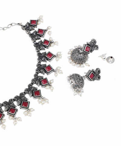 Statement oxidised choker necklace set with vibrant gemstone charms and matching earrings