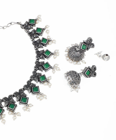 Ethnic oxidised jewelry set with colorful gemstone accents and pearl dangler earrings