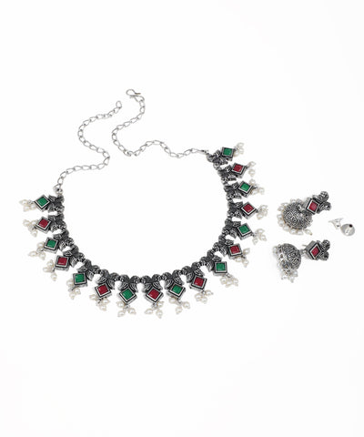 Traditional oxidised statement necklace set with colorful square stones and pearl accents