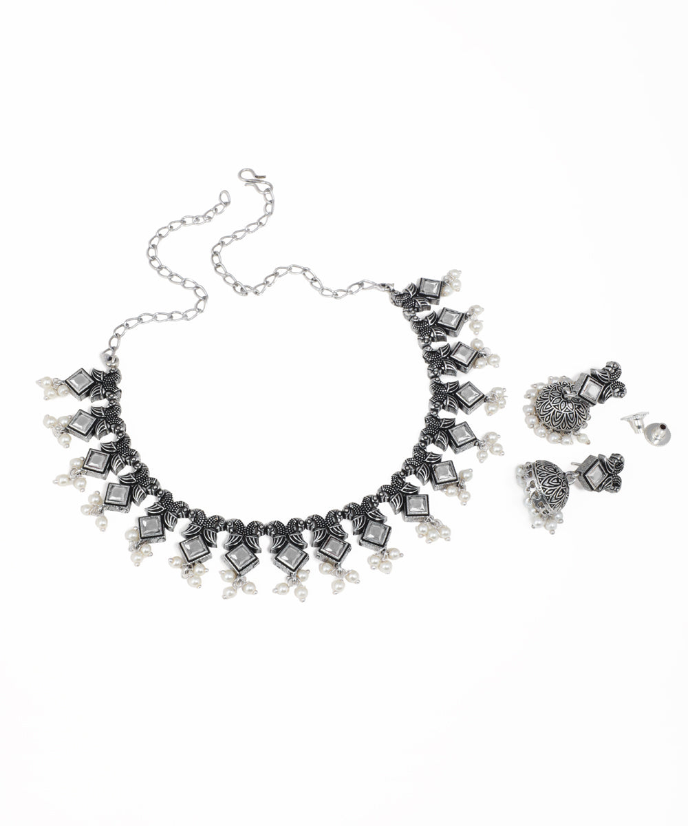 Oxidised necklace set with multicolored stones, pearl drops and matching ethnic earrings